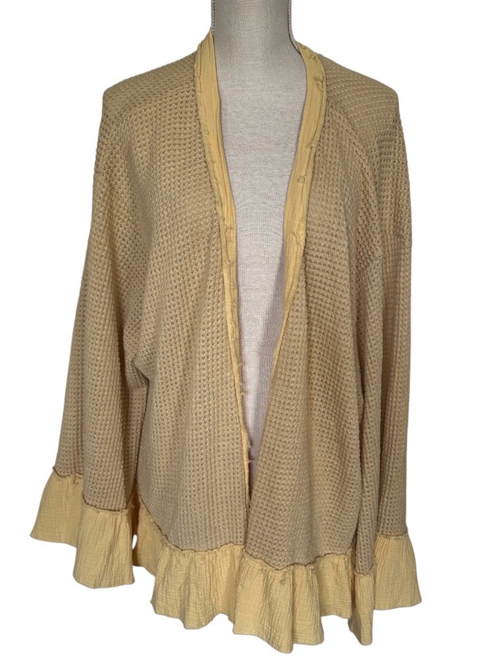 POL Waffle Knit Ruffle Trim Open Front Cardigan Dandelion Large Boho Relaxed New